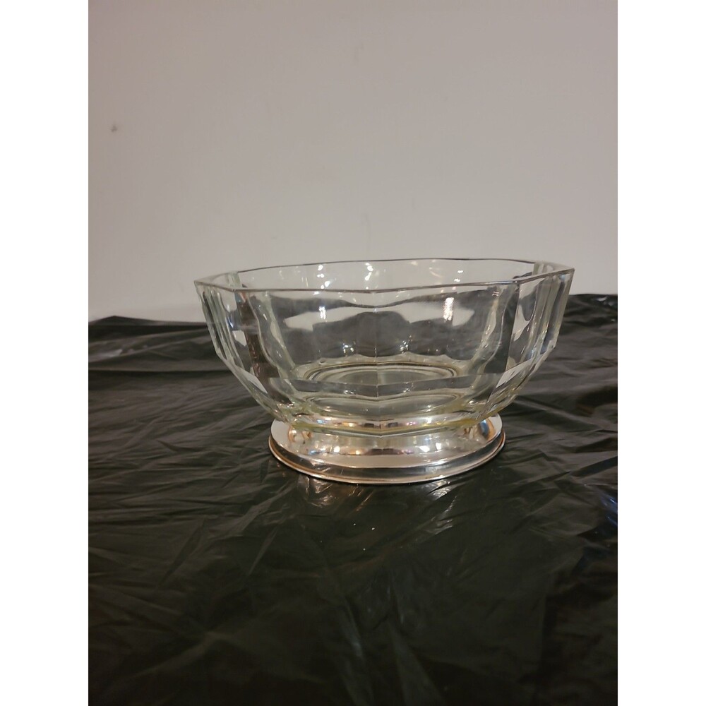 Vtg Glass Bowl 10-Sided Panel Footed Made in Italy Silver Toned Metal Base 8.75"